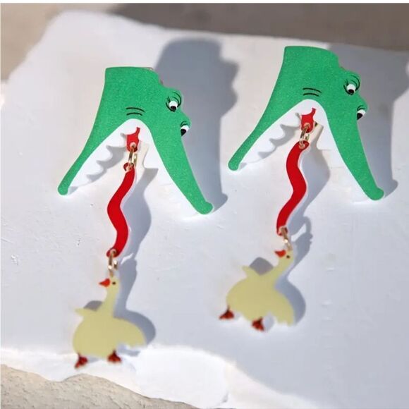 14k Crocodile & duck whimsical kawaii novelty earrings - Picture 4 of 6